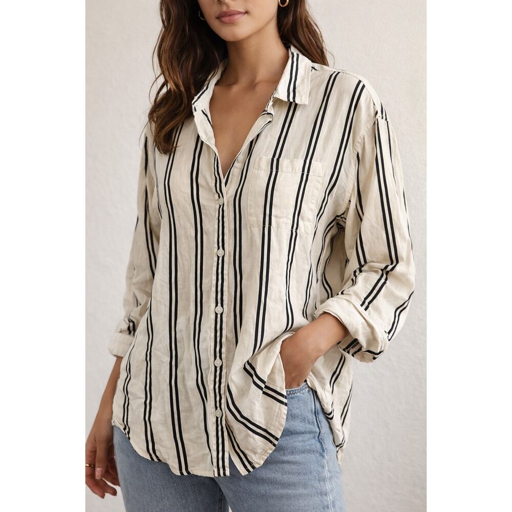 Academy Linen Blend Striped Long Sleeve Button-Up Shirt Cream Blue Large